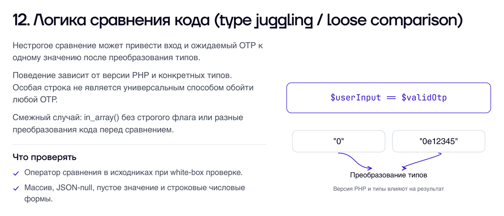 Логика сравнения кода, type juggling и loose comparison: нестрогое сравнение в PHP пропускает неверный код при подмене типа