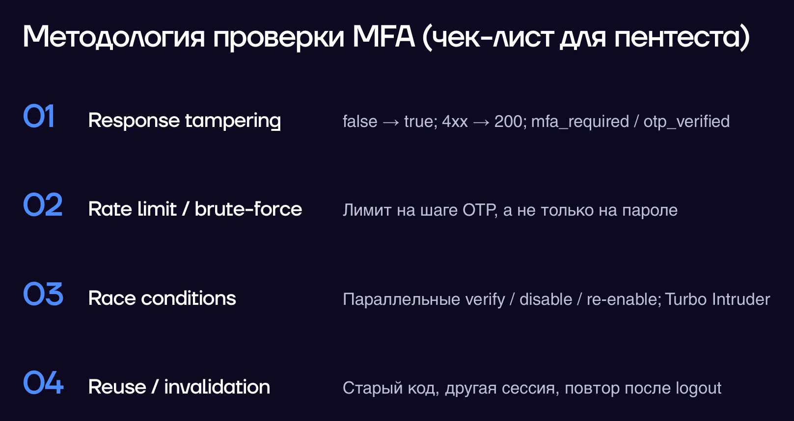 Методология проверки MFA, чек-лист для пентеста, пункты 1–4: response tampering, rate limit, race conditions, reuse и invalidation